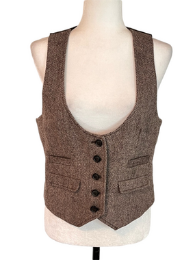 GAP 100% Wool Brown Herringbone Tweed Button Front Vest Medium Academia